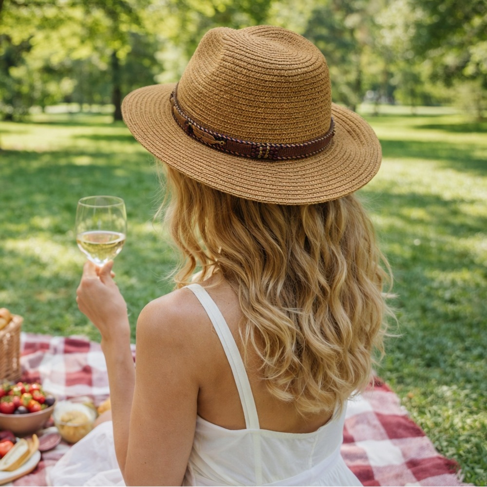 Stylish Tan Straw Hat with Brown Band